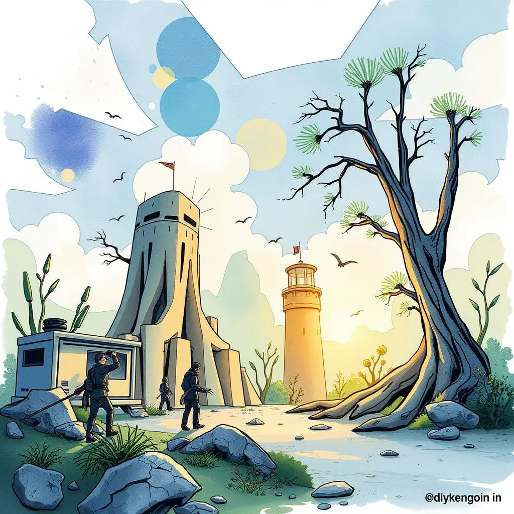 A futuristic landscape featuring figures exploring a towering structure and scenic elements.
