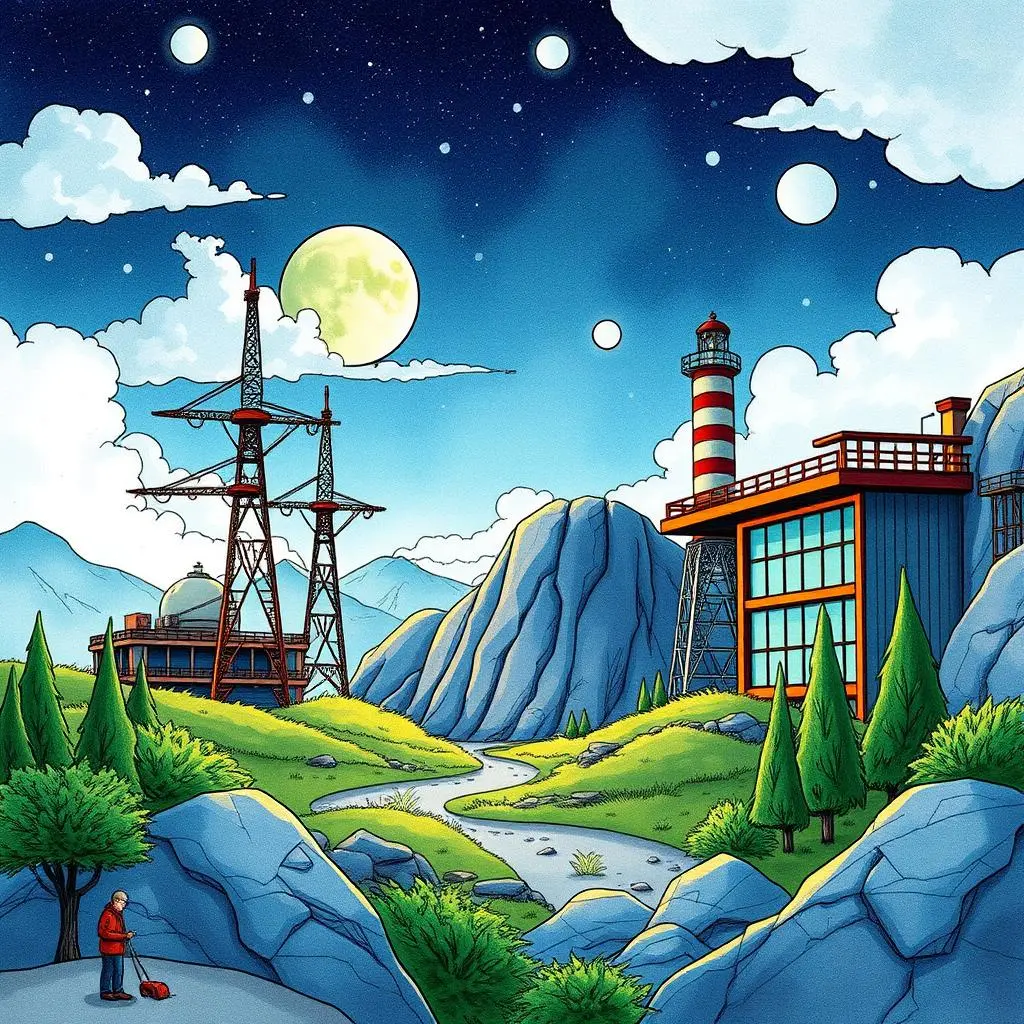 A vibrant landscape illustration depicting a research facility with power lines and mountains under a starry sky.