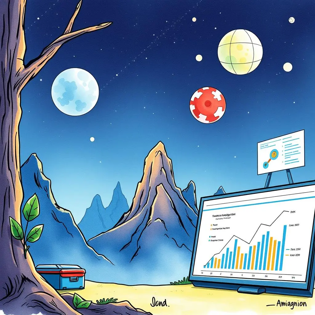 Technical requirement extractor: Summarize technical needs in data analysis 1 A futuristic landscape with a monitor displaying data analysis charts, emphasizing technical requirements.