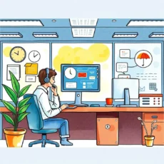 A customer support representative analyzing feedback data on a computer in an office setting.