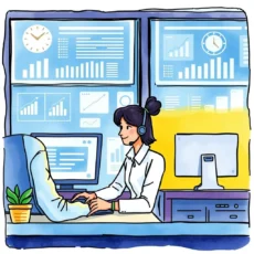A customer service representative evaluates SLA response times using digital tools in a technical support environment.