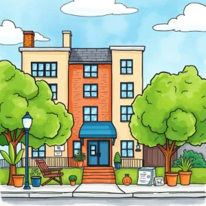 Fix it request generator: Create structured maintenance request templates 7 Colorful illustration of a building representing tenant relations and maintenance requests.
