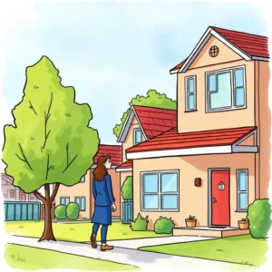 Maintenance feedback simplifier: Summarize tenant feedback on repairs 9 A woman walking toward a modern house, symbolizing tenant feedback and maintenance interactions.