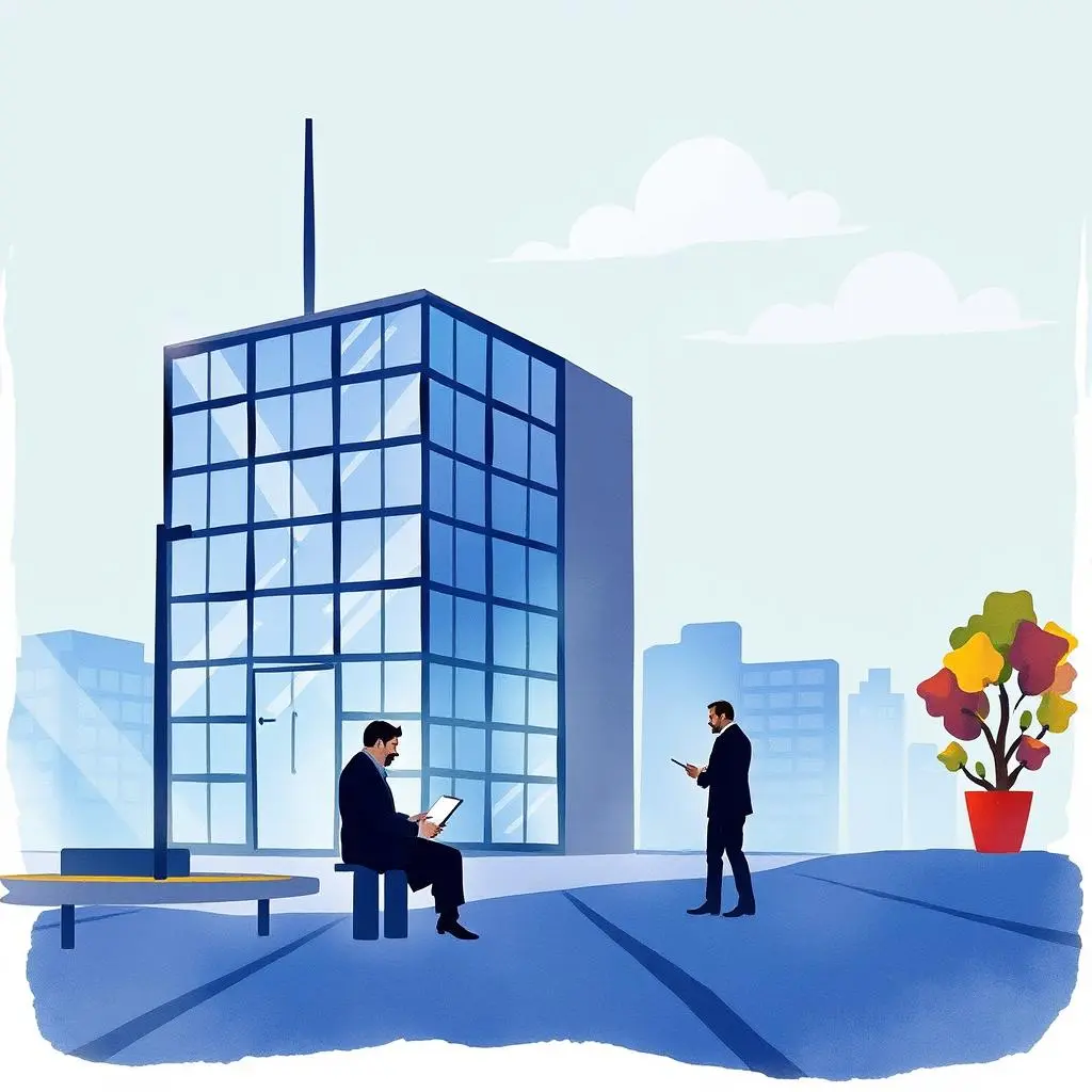 A professional discussing facility potential in front of a modern office building.