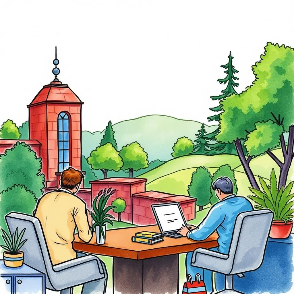 Resource optimizer: Strategically allocate sales resources effectively 1 Two professionals discussing strategies outdoors, overseeing a scenic landscape.