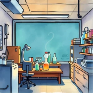 Laboratory workspace with test bottles and equipment for product evaluation in R&D department