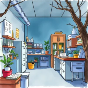 A vibrant R&D laboratory scene featuring plants, desks, and equipment for product testing.