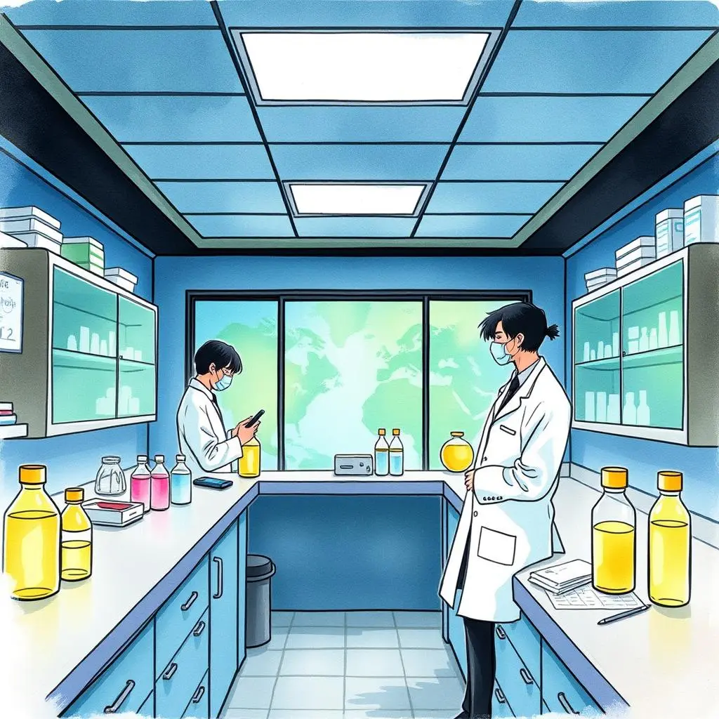 Test outcome narrator: Narrate and explain test outcomes effectively 1 Laboratory scene featuring researchers analyzing test outcomes in a modern workspace