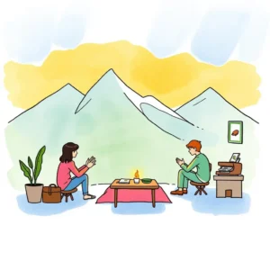 A woman and a man engage in discussion surrounded by mountains, illustrating design adaptation concepts.