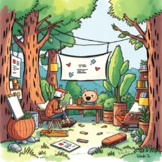 A person sitting in a woodland setting, reviewing feedback forms with a cheerful pet by their side.
