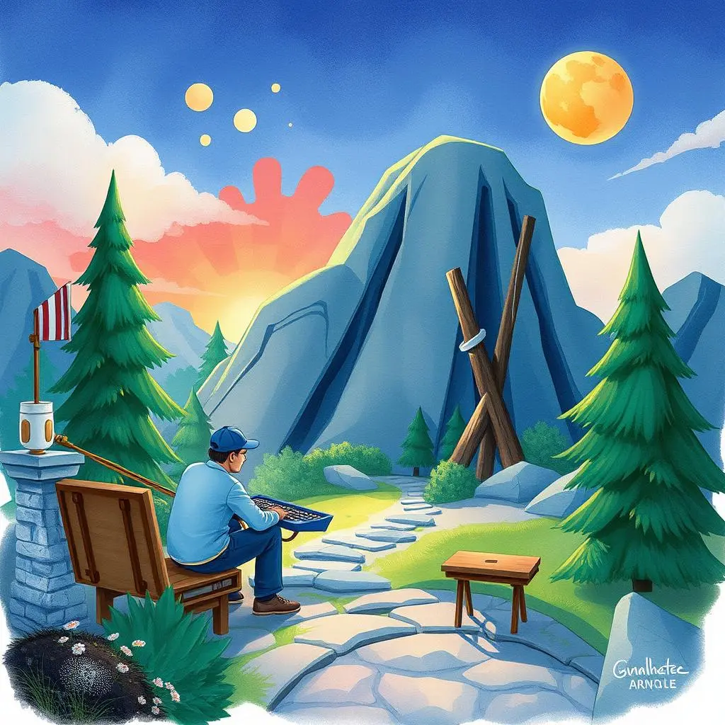 A person creating test cases on a laptop in a serene mountain landscape during sunrise