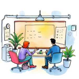 A team of professionals discussing test reviews beside a board in an engineering setting.