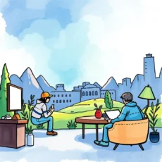 Two people discussing stakeholder feedback in a serene outdoor setting.