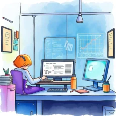 A professional female using a computer in an office, interacting with data and charts.