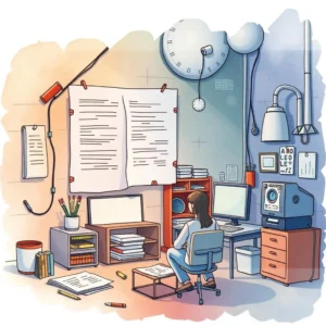 Test engineer analyzing summaries in a well-equipped workspace.
