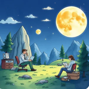 An engineer and a validation specialist working under a moonlit sky, generating test review summaries.