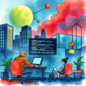 Cybersecurity analysts monitoring threats in a futuristic urban environment.