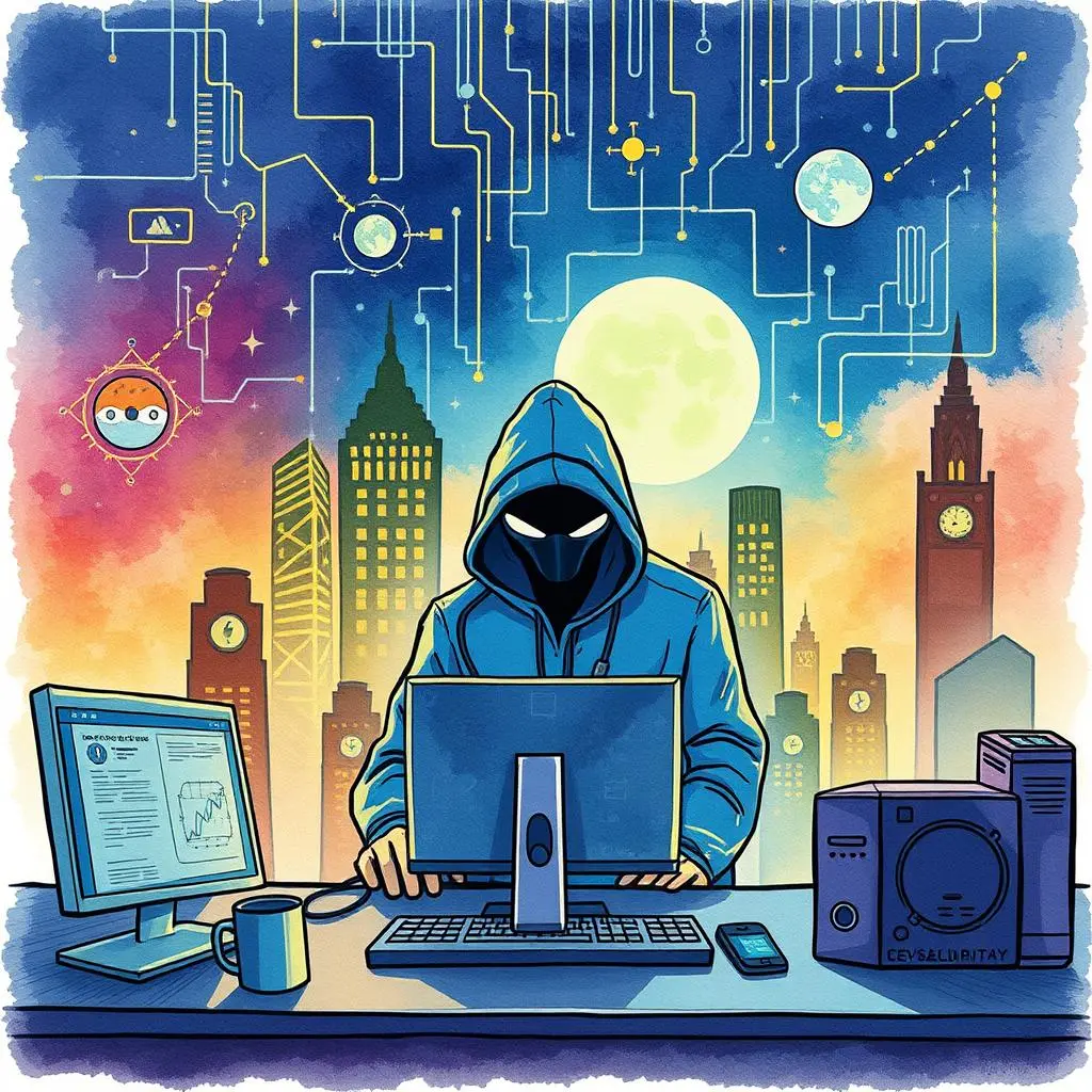 Hooded figure analyzing cybersecurity data in a digital landscape.