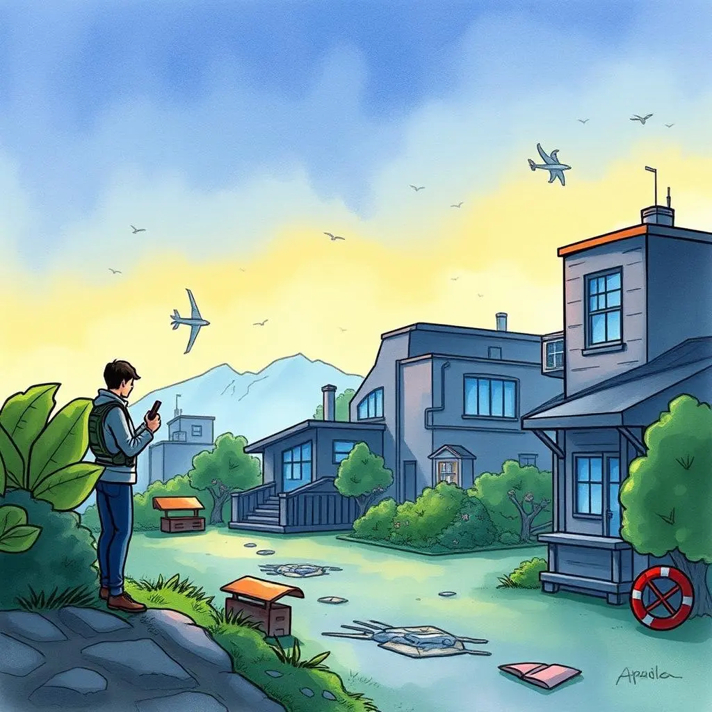 Edr intelligence reporter: Generate reports from EDR findings 1 A person analyzing EDR data in a serene outdoor setting with houses and mountains in the background.