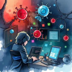 A cybersecurity analyst comparing malware samples on multiple screens.