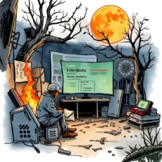 A cyber threat analyst works on a Threat Pattern Recognizer tool amid a chaotic environment.