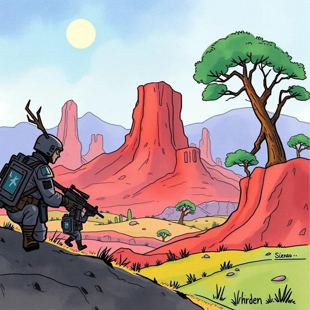 Threat actor data synthesizer: Synthesize information into comprehensive threat actor overviews 1 A soldier and a child, both armed, survey a vibrant desert landscape with rocky formations under a sunny sky