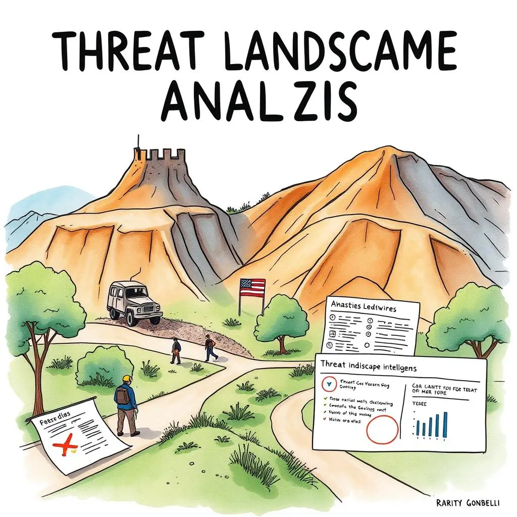 Threat trend extractor: Reveal key information from threat narratives 1 Threat Trend Extractor tool illustrated in a vibrant landscape scene with analysts and threat data on display