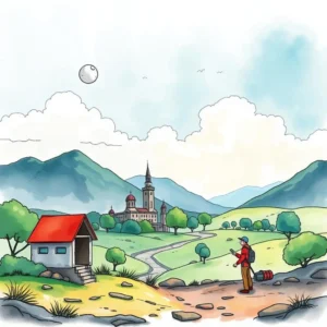 Vulnerability descriptor generator in scenic landscape illustration with traveler near a castle.