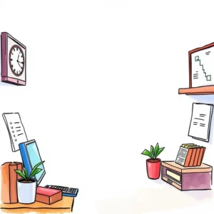 A vibrant illustrated office scene featuring essential tools for attendance tracking.