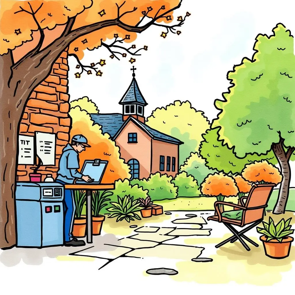 Timecard summary generator: Create summaries of submitted timecards 1 User reviewing timecards in a serene outdoor office environment.