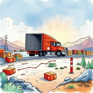 A colorful illustration of a red truck navigating a landscape filled with cargo boxes and route markers.