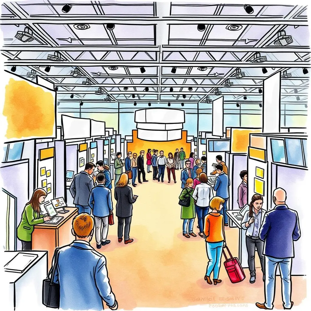 Budget planner tool: Outline trade show budget allocations 1 Colorful trade show scene with attendees engaging and exploring booths.