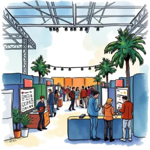 Event Budget Tracker at a vibrant trade show with attendees engaging at display booths