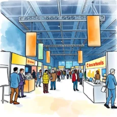 Crowded trade show floor showcasing event booths and attendees.