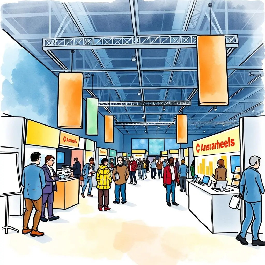 Expenditure overview tool: Summarize overall event spending limits 1 Crowded trade show floor showcasing event booths and attendees.