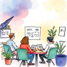 Three professionals discussing feedback analysis in a collaborative workspace.