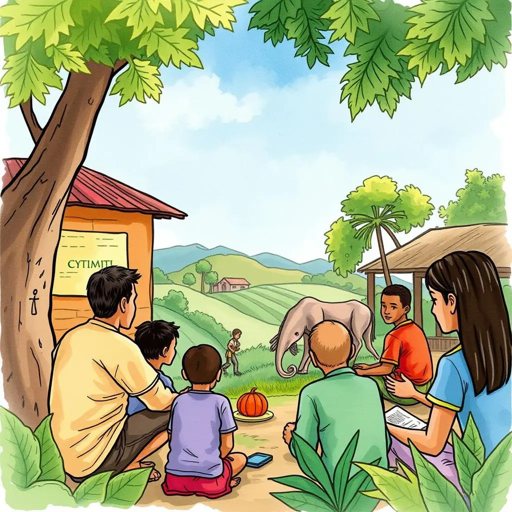 A diverse group of individuals observes an elephant and a child in a lush green landscape.