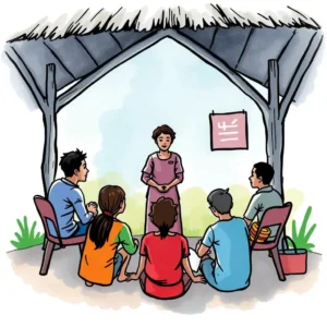 Impact evaluation tool: Measure training effectiveness and community outcomes 8 Group training session under a pergola, focusing on community capacity building.