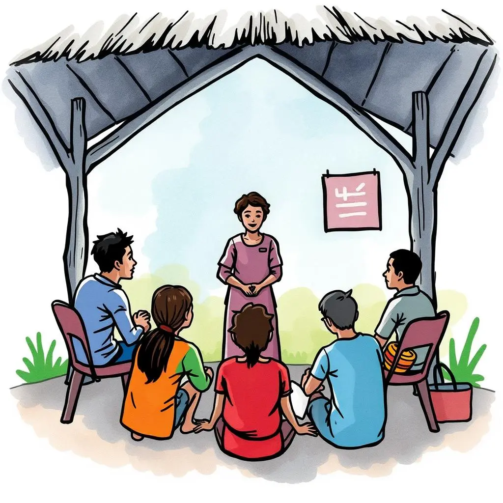 Impact evaluation tool: Measure training effectiveness and community outcomes 1 Group training session under a pergola, focusing on community capacity building.