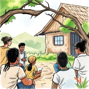 Participant query responder: Generate responses to participant inquiries 4 A diverse group of people engaging in a conversation outside a rural home.