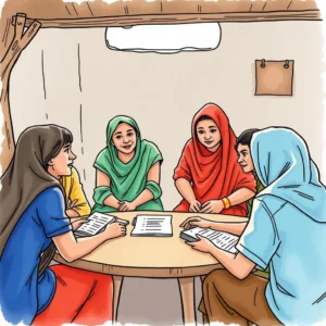 Meeting of women analyzing survey responses for community engagement and training assessments