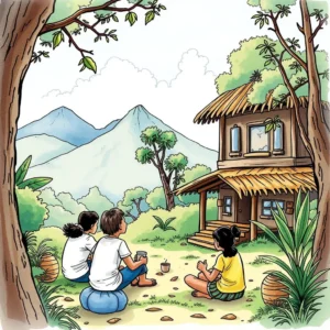 Three children engaging in outdoor learning near a cozy house in nature.