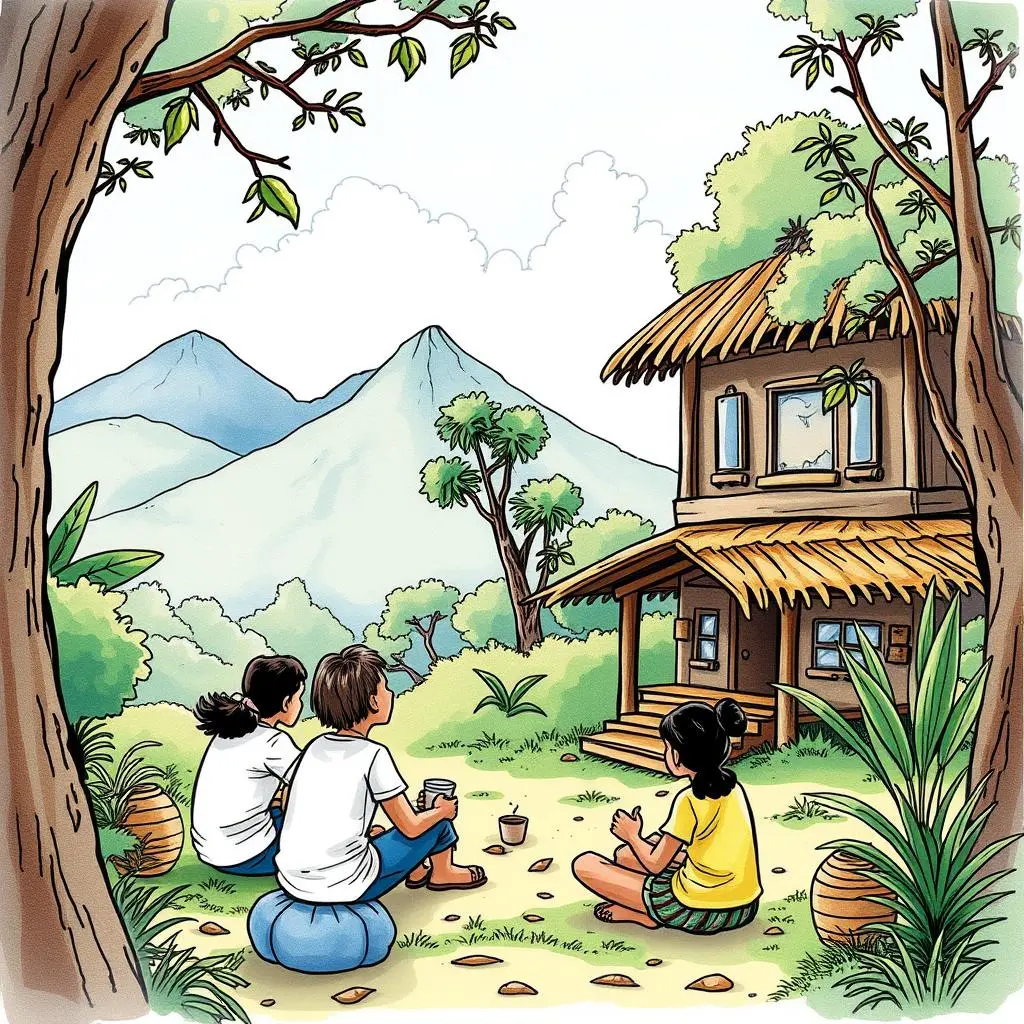 Training material generator: Create tailored training content easily 1 Three children engaging in outdoor learning near a cozy house in nature.