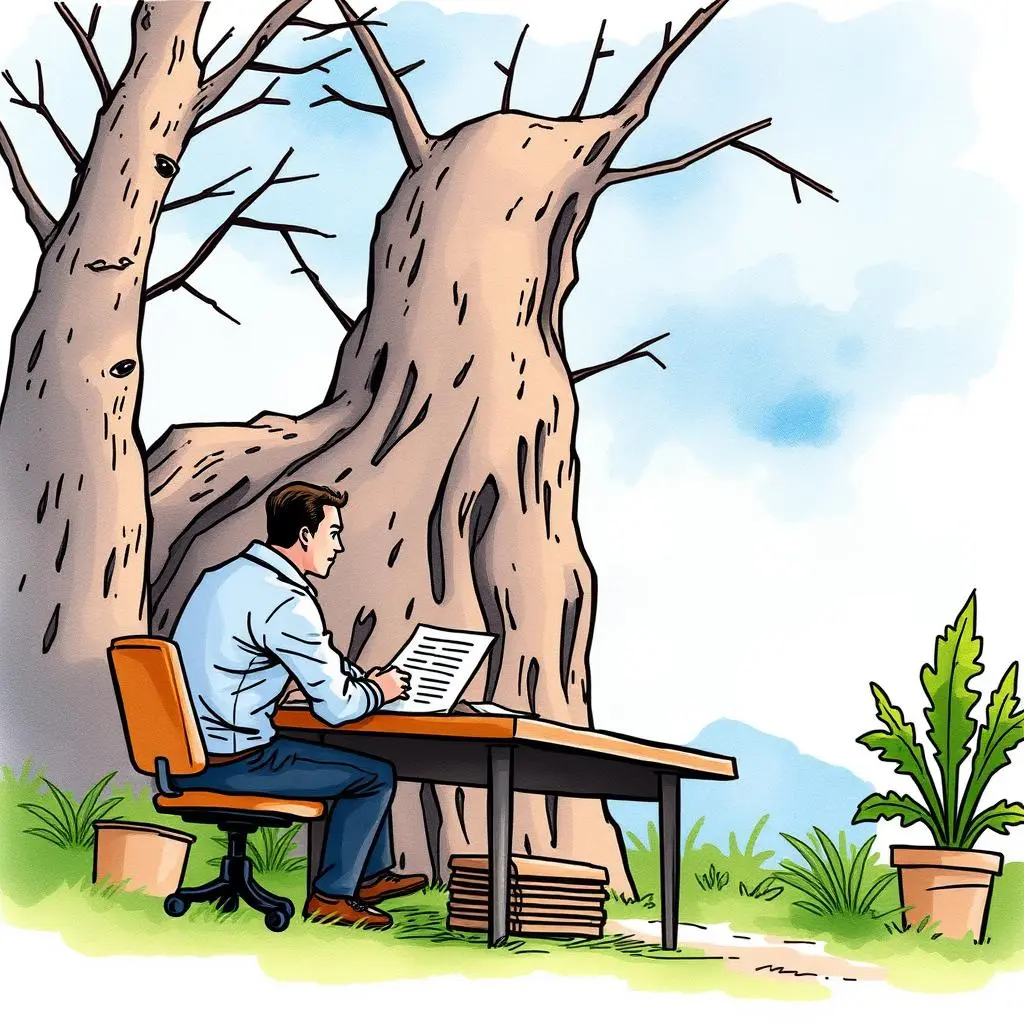 Comment analyzer: Break down comments for clearer understanding 1 A person analyzes comments at a desk outdoors near a large tree and plants.