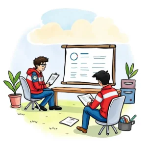Training content streamliner: Simplify technical training content for comprehension 2 A meeting scene depicting two individuals discussing training content with a presentation board in an outdoor setting.