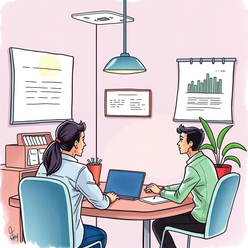 Training content enhancer: Improve clarity and engagement of training content 1 Training specialists discuss strategies in a bright office setting with training materials visible