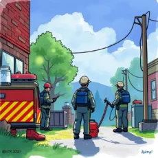 Training personnel with safety gear assess the environment during a drill on EHS protocols.