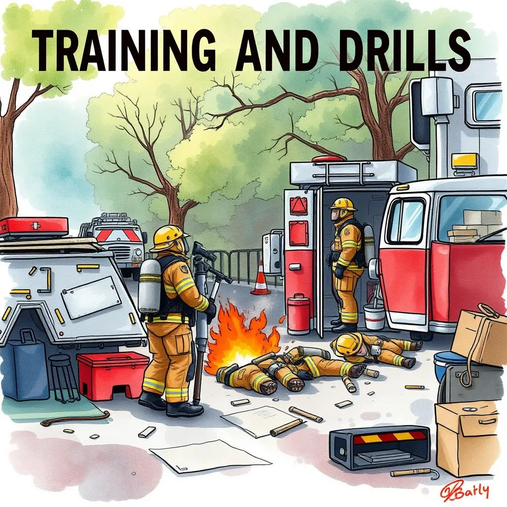 Emergency scenario generator: Create realistic emergency situations for drills 1 Firefighters conducting training drills in a realistic emergency scenario.