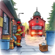 Emergency responders preparing for training exercise with fire truck.