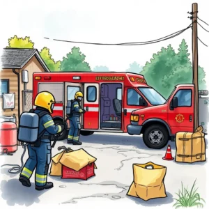 Emergency responders training near ambulance and simulated emergency equipment.